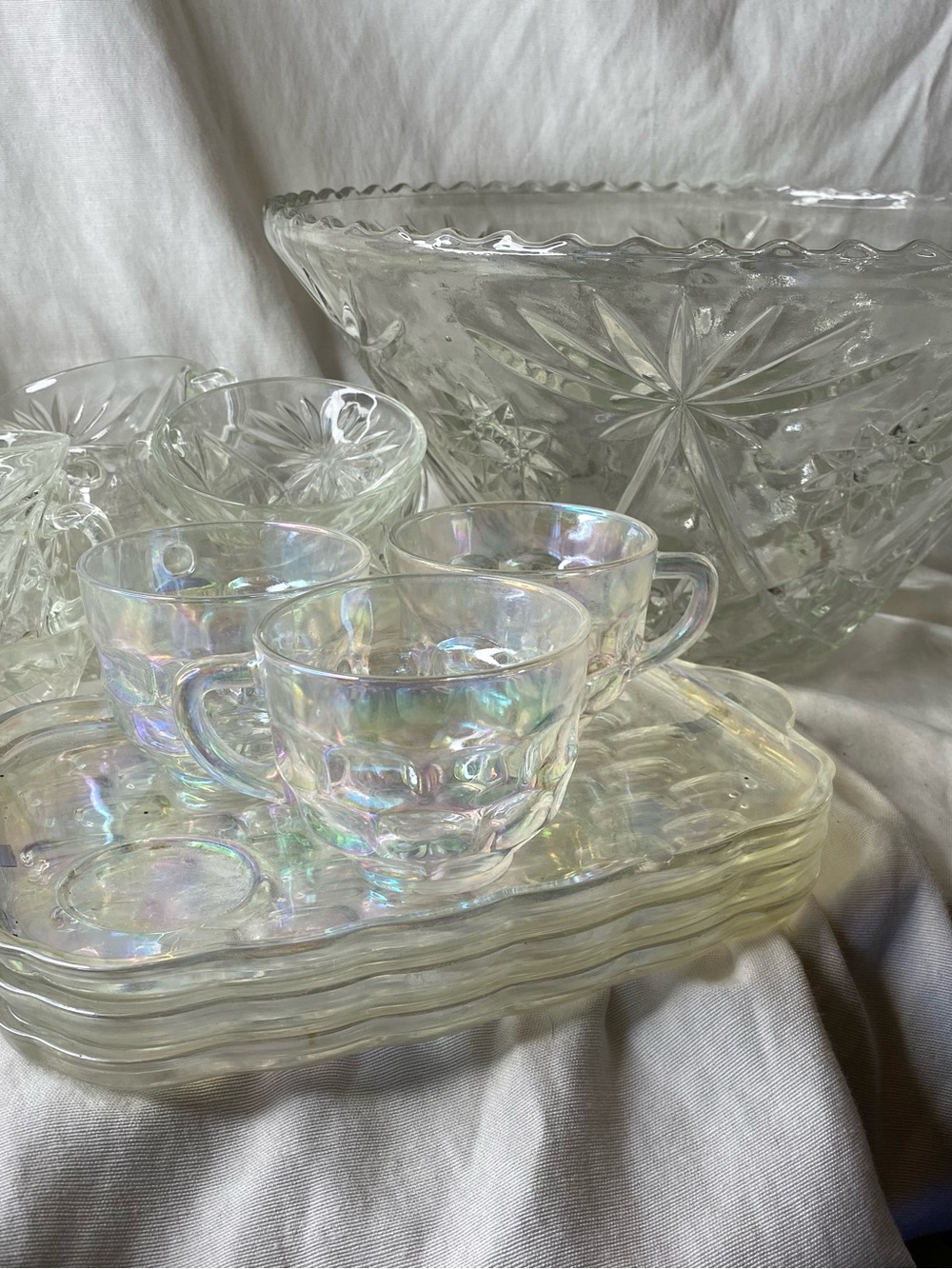 Iridescent Glass Punch Bowl Tea Cups and Tray Sets - Clear - Picture 5 of 5